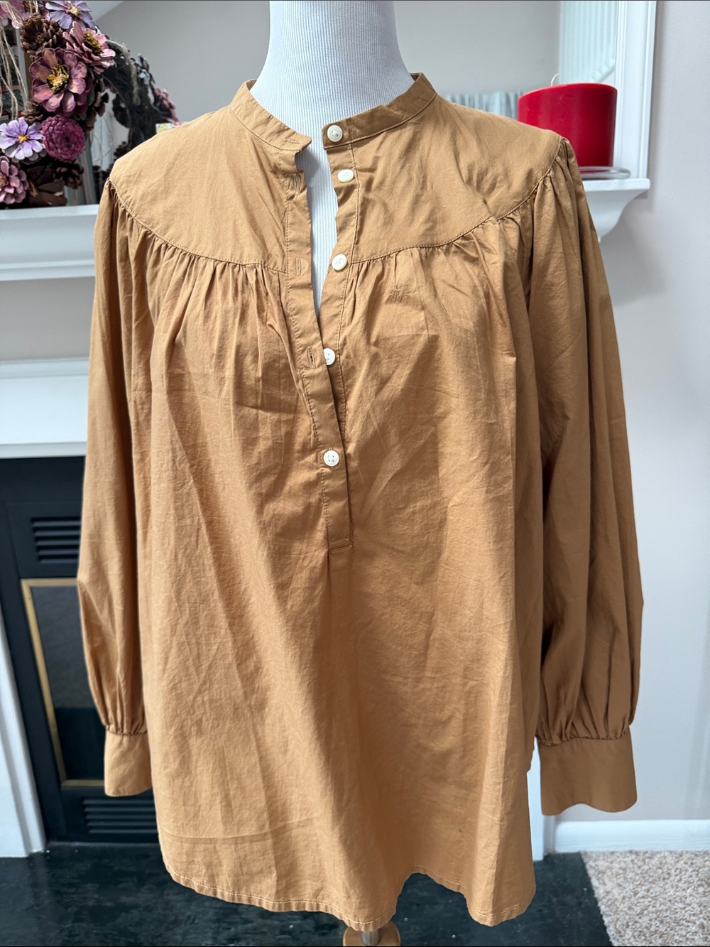 Old Navy Camel Button-Front Mandarin Collar Tunic